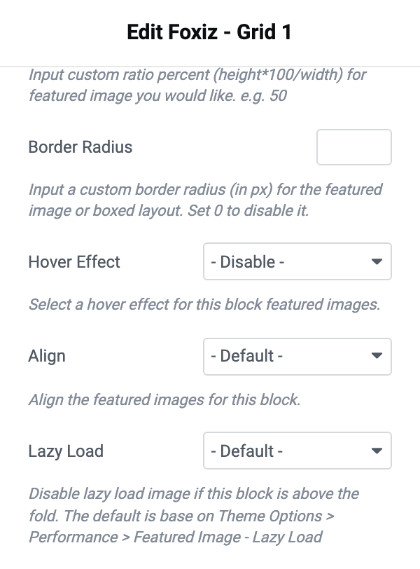 The Lazy Load select set to - Default -, with the note that the default comes from Theme Options > Performance > Featured Image - Lazy Load