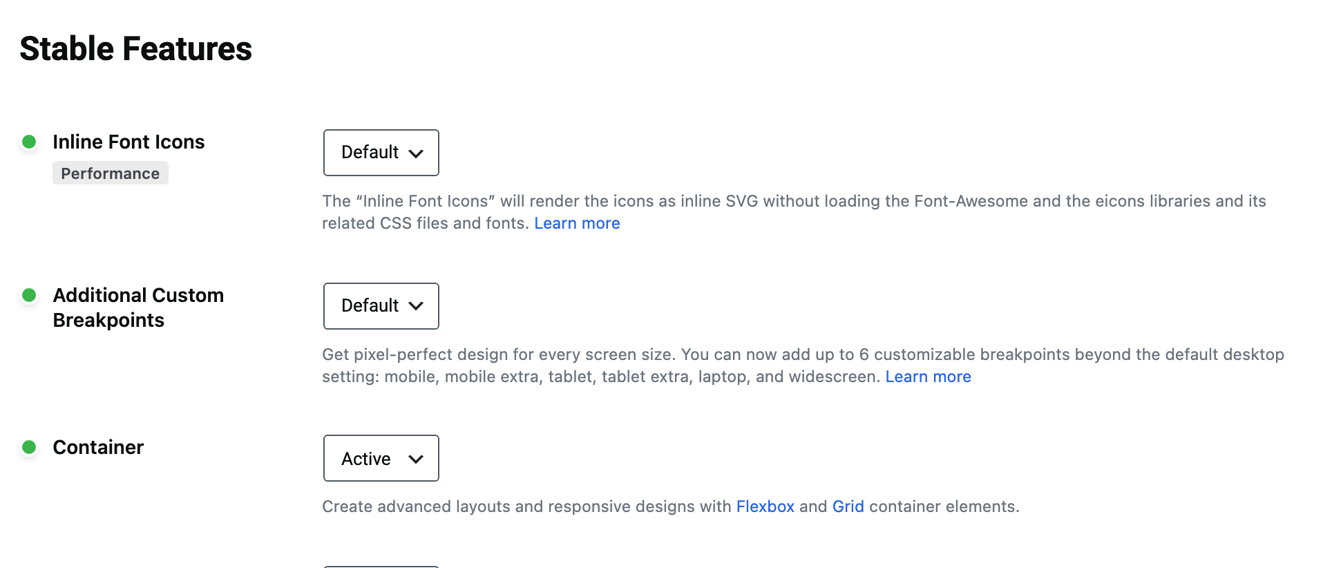 The Stable Features list on Elementor > Settings > Features, with Container set to Active