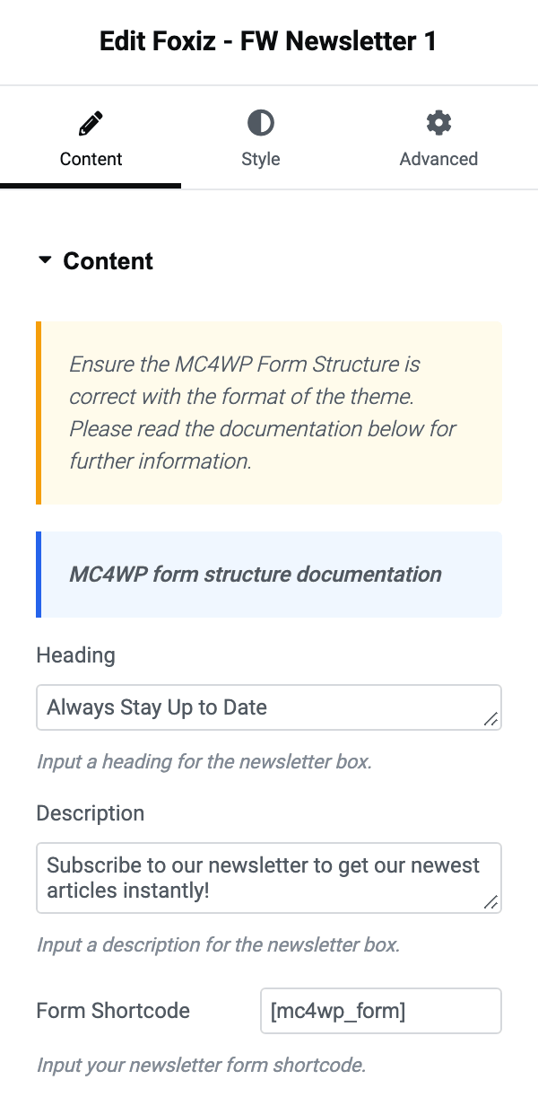 The Foxiz - FW Newsletter panel, with Heading, Description and Form Shortcode