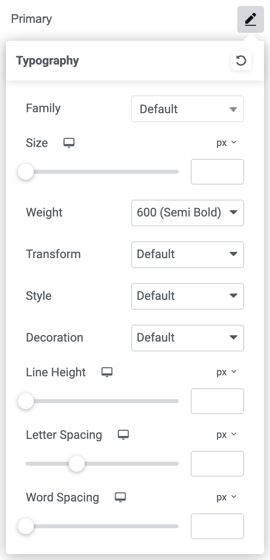 The Primary font's typography popover in Global Fonts, with Family set to Default