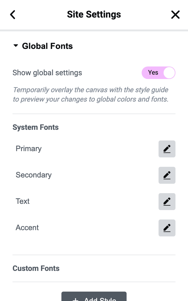 Global Fonts with its four system fonts: Primary, Secondary, Text and Accent