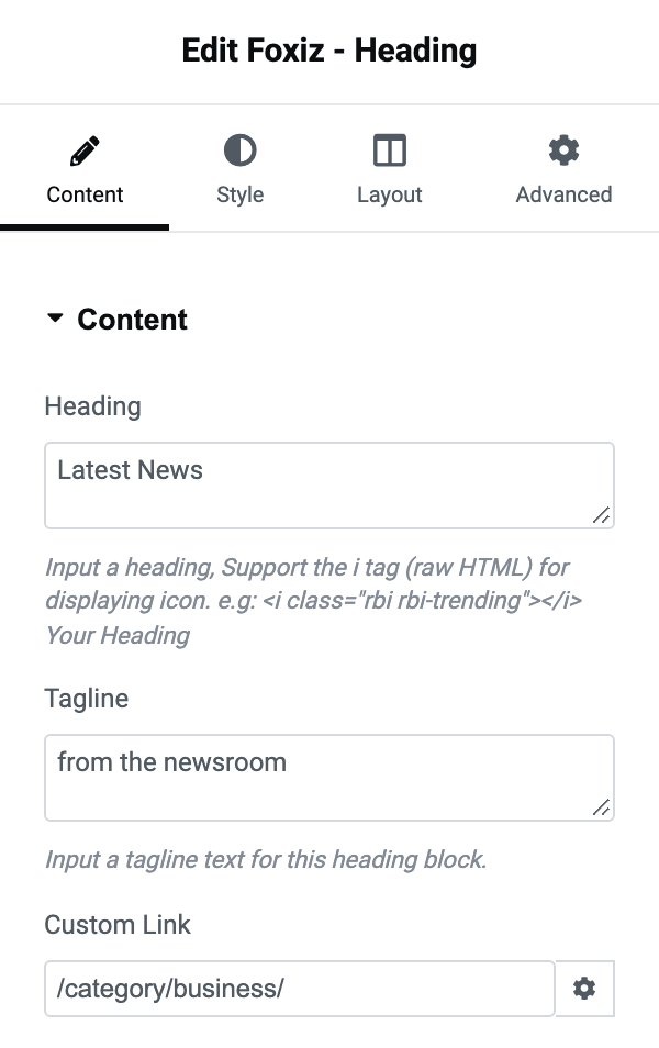 The Content section of Foxiz - Heading: the Heading text, the Tagline and the Custom Link field