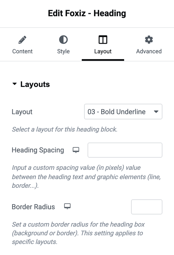 The Layouts section on the Layout tab, with the Layout dropdown, Heading Spacing and Border Radius