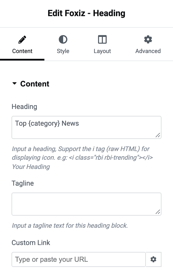 The Foxiz - Heading panel with a category tag in the Heading field