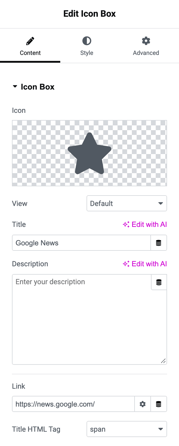 The Content tab of an Icon Box, with Icon, View, Title set to Google News, Description, Link and Title HTML Tag