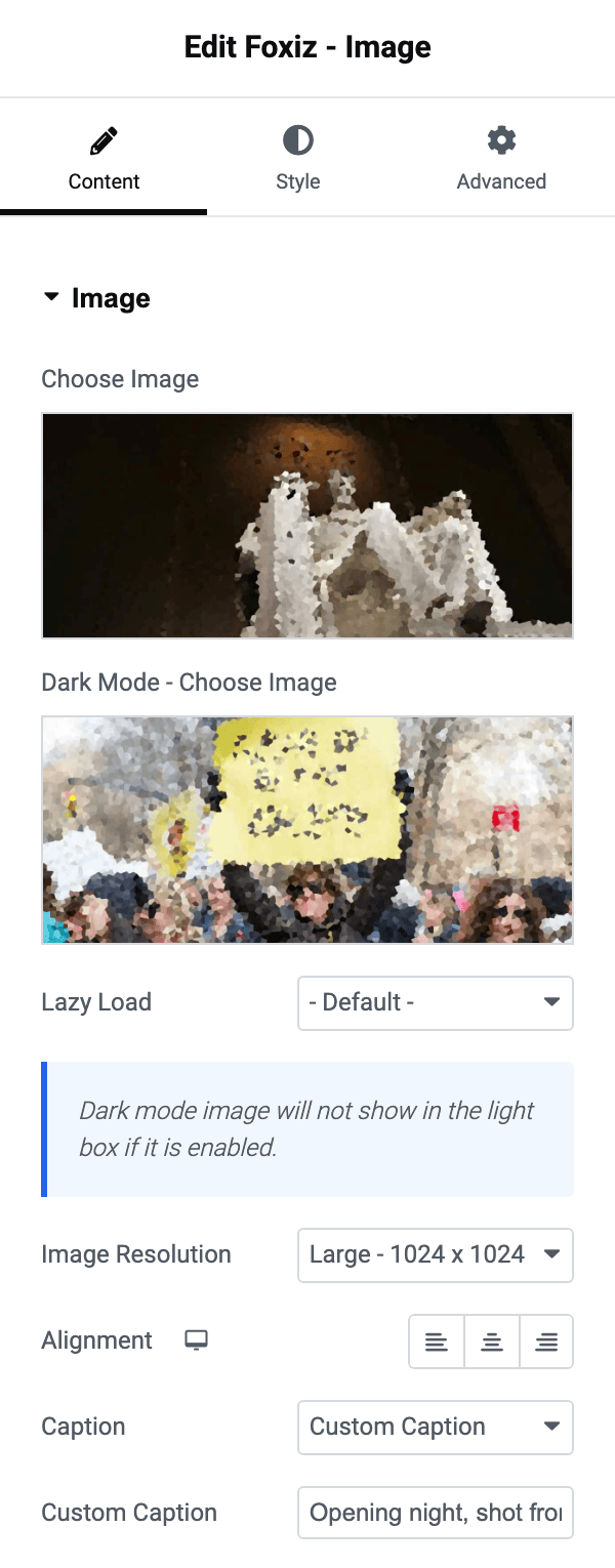 The Image section of Foxiz - Image: Choose Image, Dark Mode - Choose Image, Lazy Load, the lightbox notice, Image Resolution, Alignment and Caption