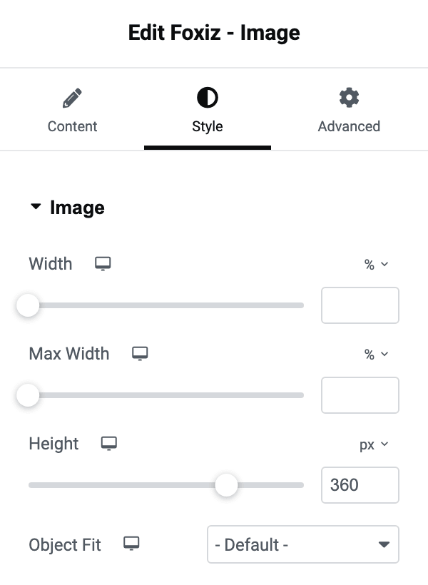 The Image section of the Style tab: Width, Max Width, Height and the Object Fit dropdown that a Height value reveals