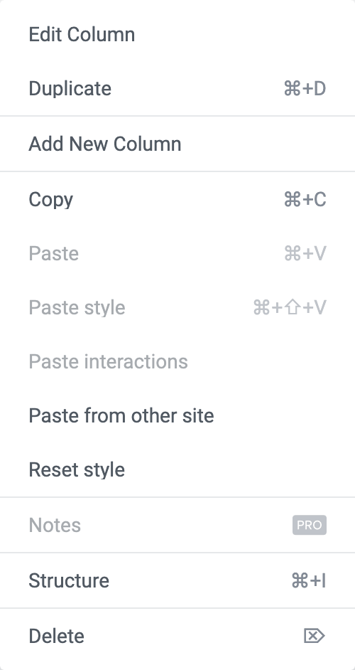 Right clicking a column's handle opens its menu, where Edit Column opens the column's panel