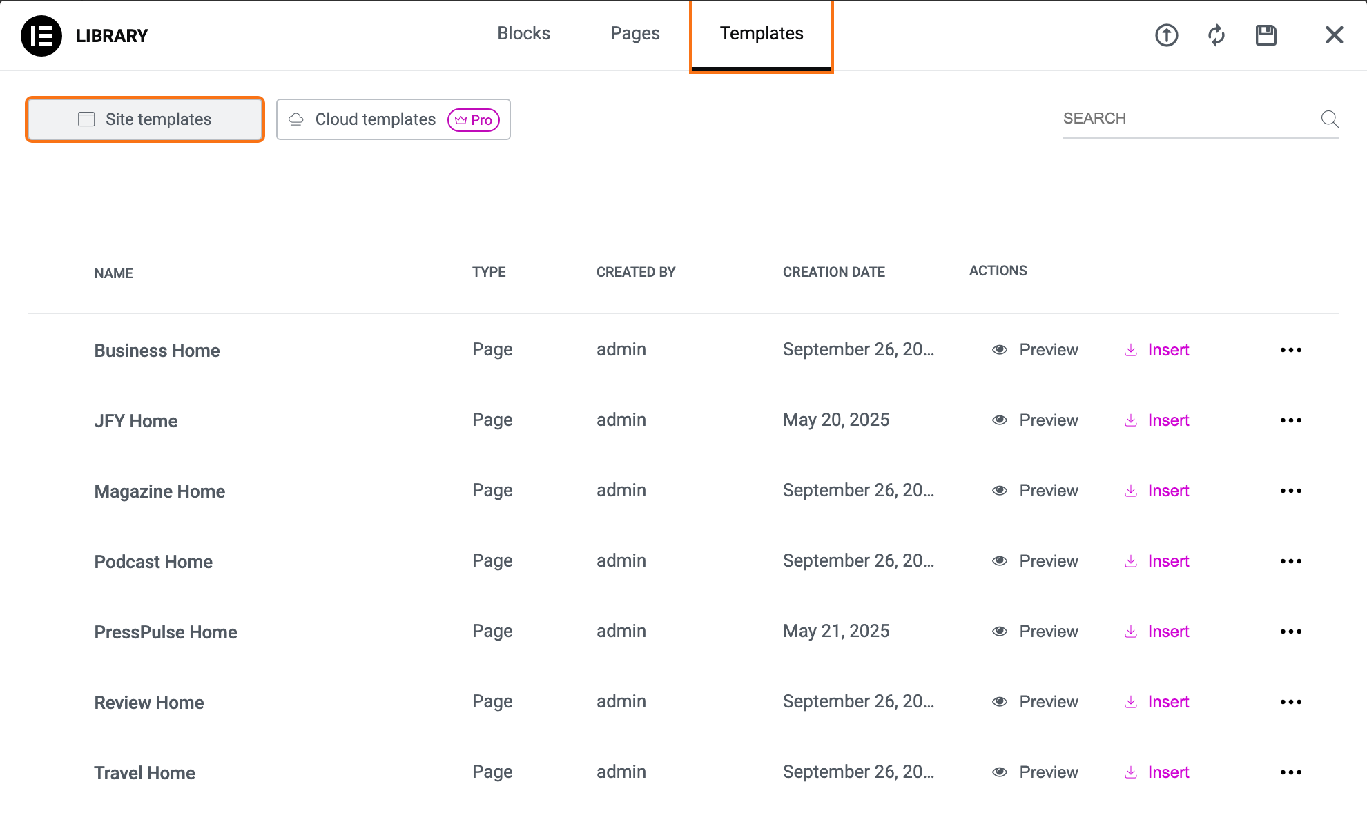 The Elementor Library popup on the Templates tab with Site templates selected (both outlined): the demo homepages saved by the import, Business Home, JFY Home, Magazine Home, Podcast Home, PressPulse Home, Review Home and Travel Home, each with Preview and Insert