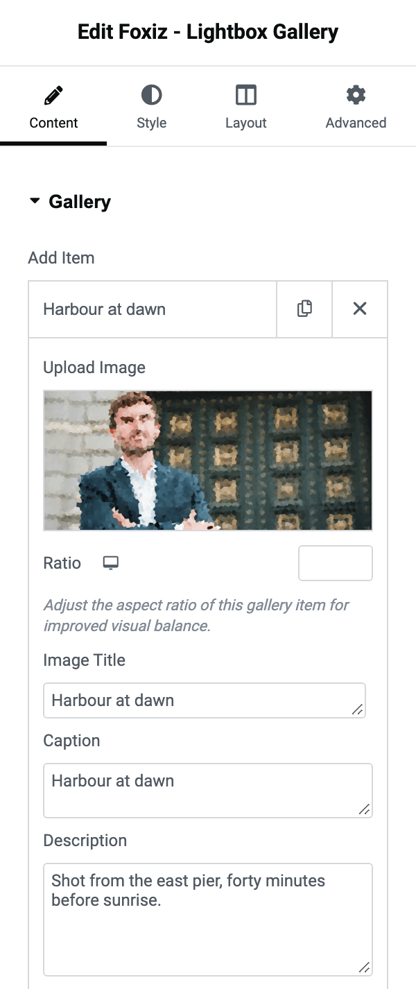 One Add Item row open on Foxiz - Lightbox Gallery, showing Upload Image, Ratio, Image Title, Caption and Description