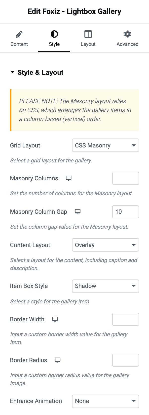 The Style & Layout section of Foxiz - Lightbox Gallery: Grid Layout, Masonry Columns, Masonry Column Gap, Content Layout and Item Box Style