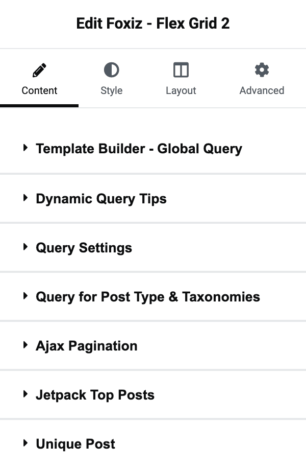 The Content tab of a listing block, where Template Builder - Global Query holds Query Mode