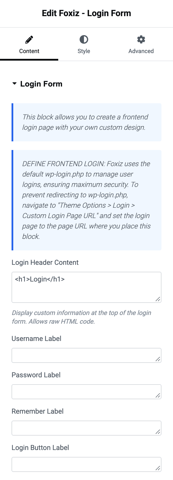 The Content tab of Foxiz - Login Form, its Login Form section holding Login Header Content and the Username, Password, Remember and Login Button labels