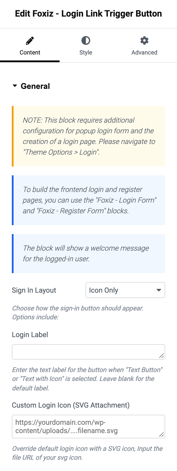 The Elementor panel for Foxiz - Login Link Trigger Button, Content tab, General section: three notes, Sign In Layout on Icon Only, an empty Login Label and an empty Custom Login Icon (SVG Attachment)