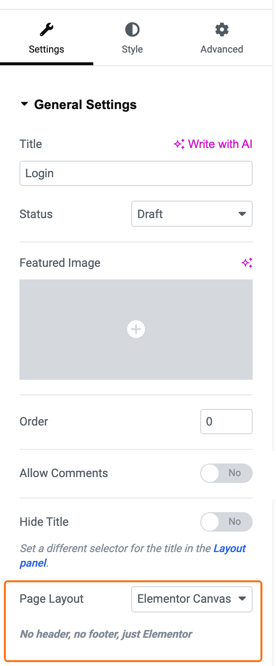 Elementor Page Settings for the Login page, Settings tab: Title Login, and Page Layout set to Elementor Canvas (outlined), No header, no footer, just Elementor