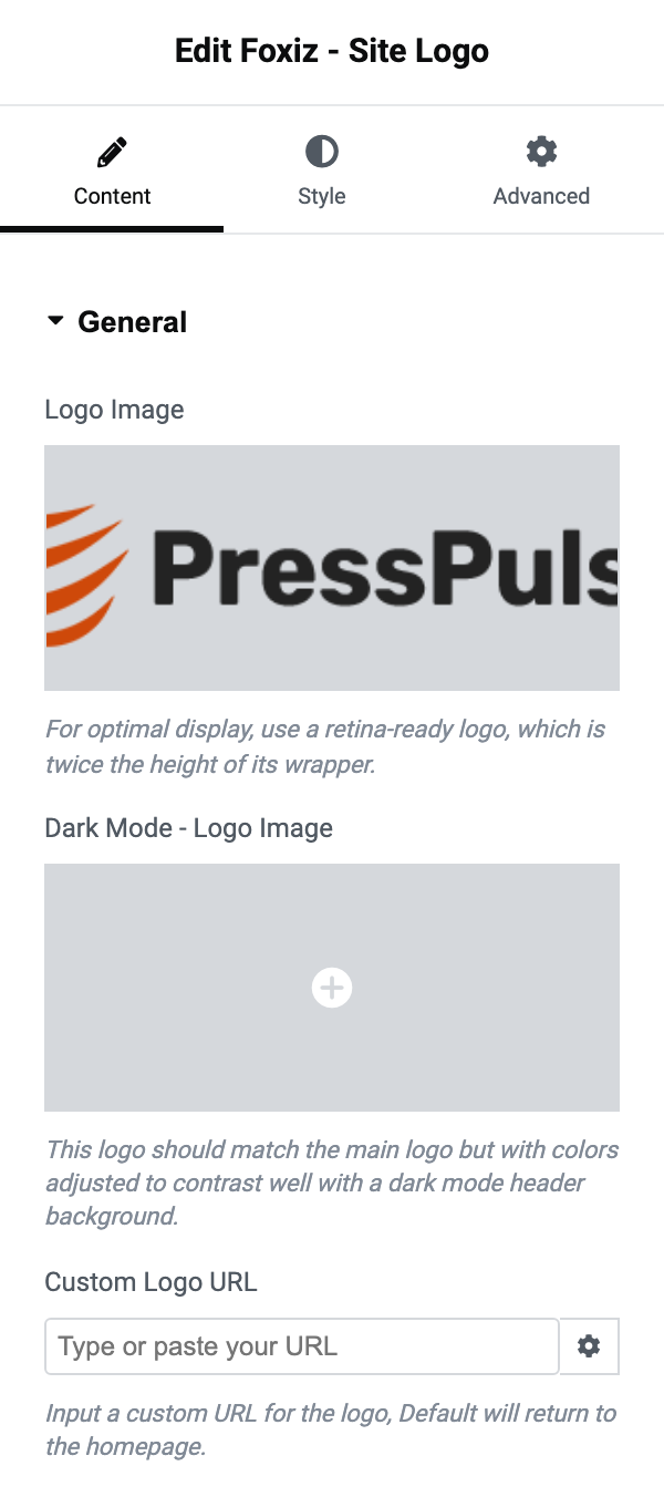 The Foxiz - Site Logo block selected in Elementor, its Logo Image field holding the demo's logo, which is why Theme Options is ignored.