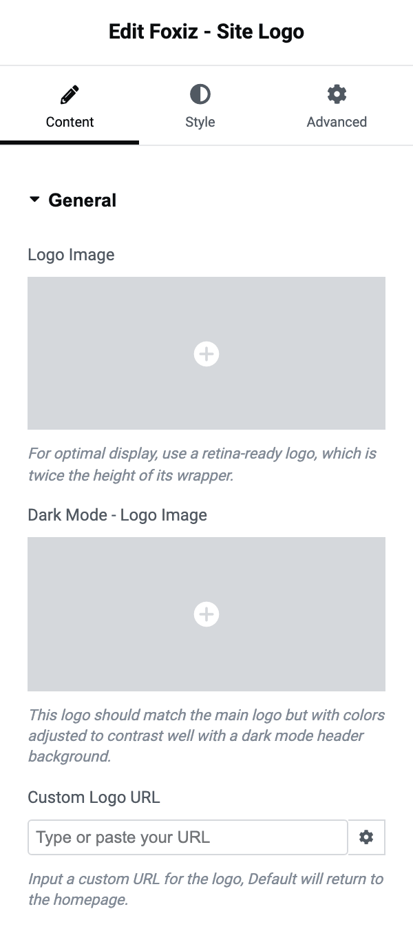 The General section of the Foxiz - Site Logo block, with Logo Image, Dark Mode - Logo Image and Custom Logo URL