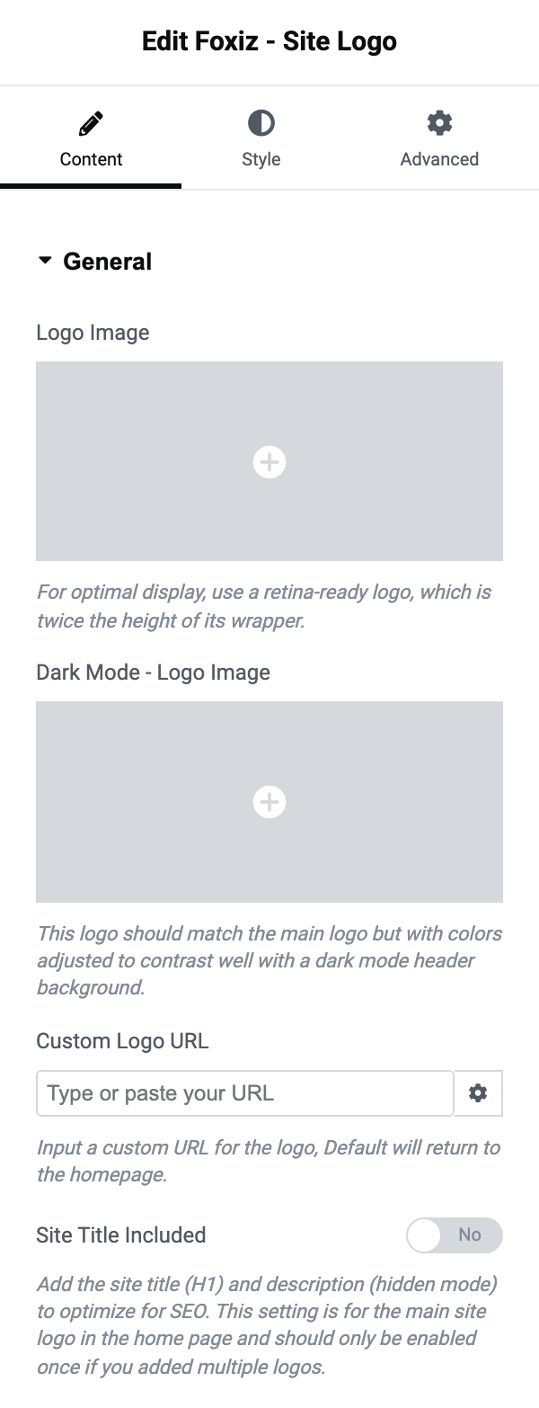The Site Title Included switch at the foot of the Site Logo block's General section, off by default