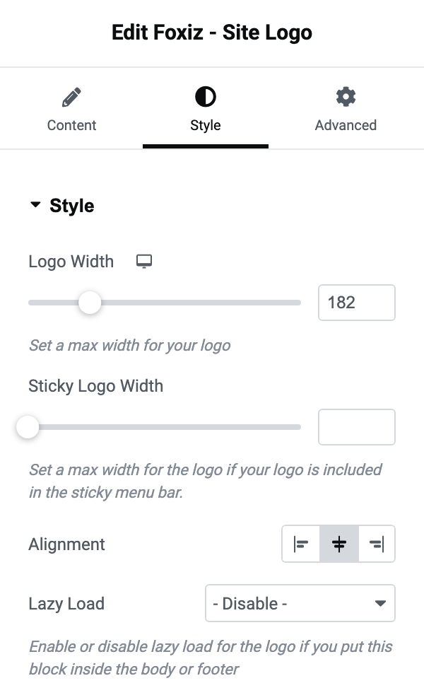 The Style tab of Foxiz - Site Logo: Logo Width, Sticky Logo Width, Alignment and Lazy Load on - Disable -