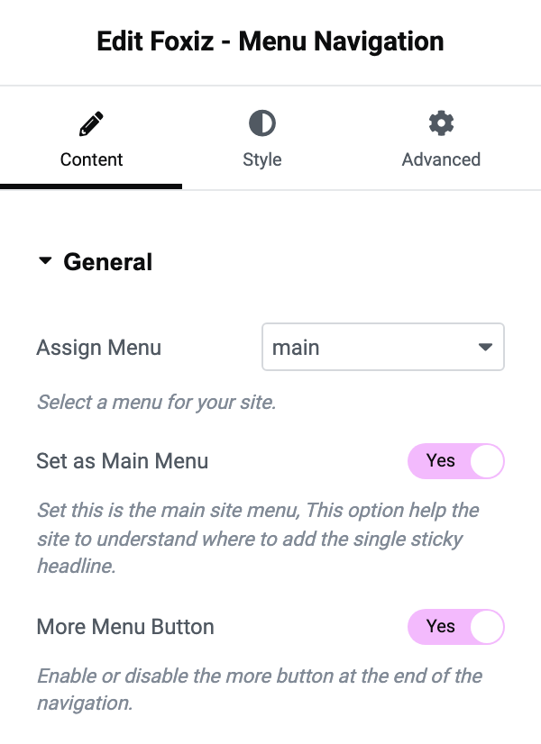The Foxiz - Menu Navigation block's General section, with More Menu Button set to Yes.