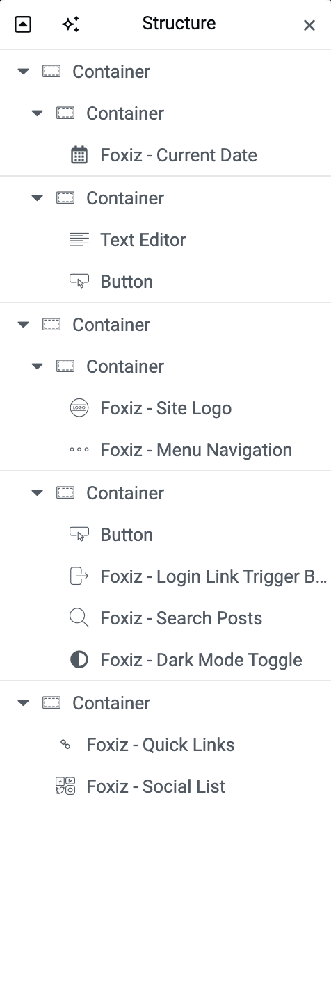 The Elementor Structure panel showing the header template's sections and Foxiz header blocks