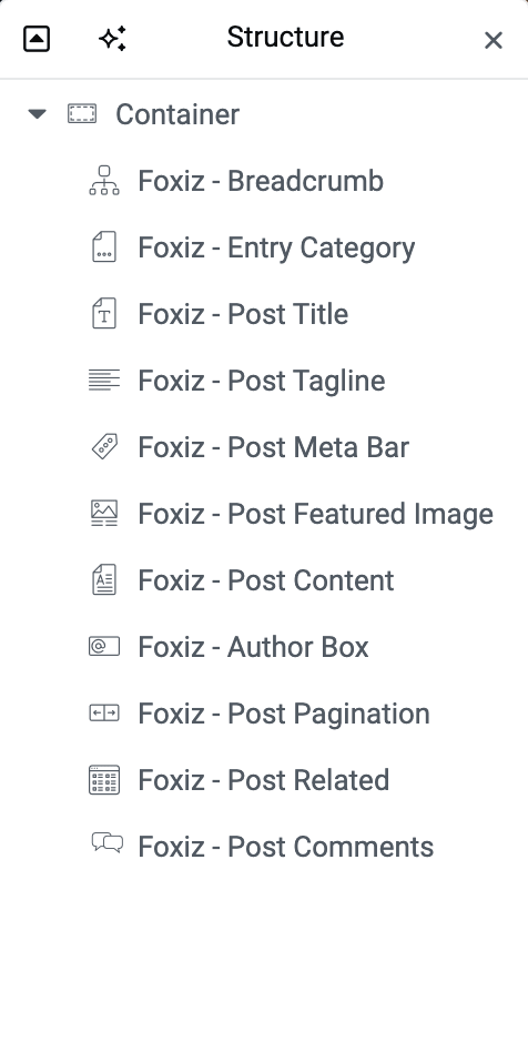 The Elementor Structure panel of a single template, listing its Foxiz Single blocks in the order they render