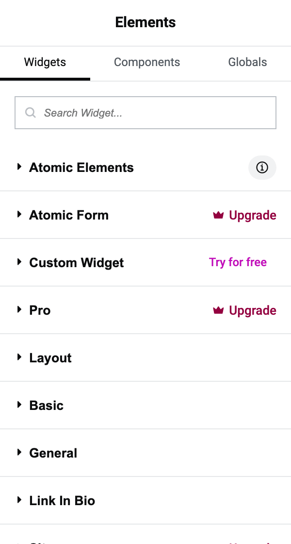 The Elementor widget panel open on the page