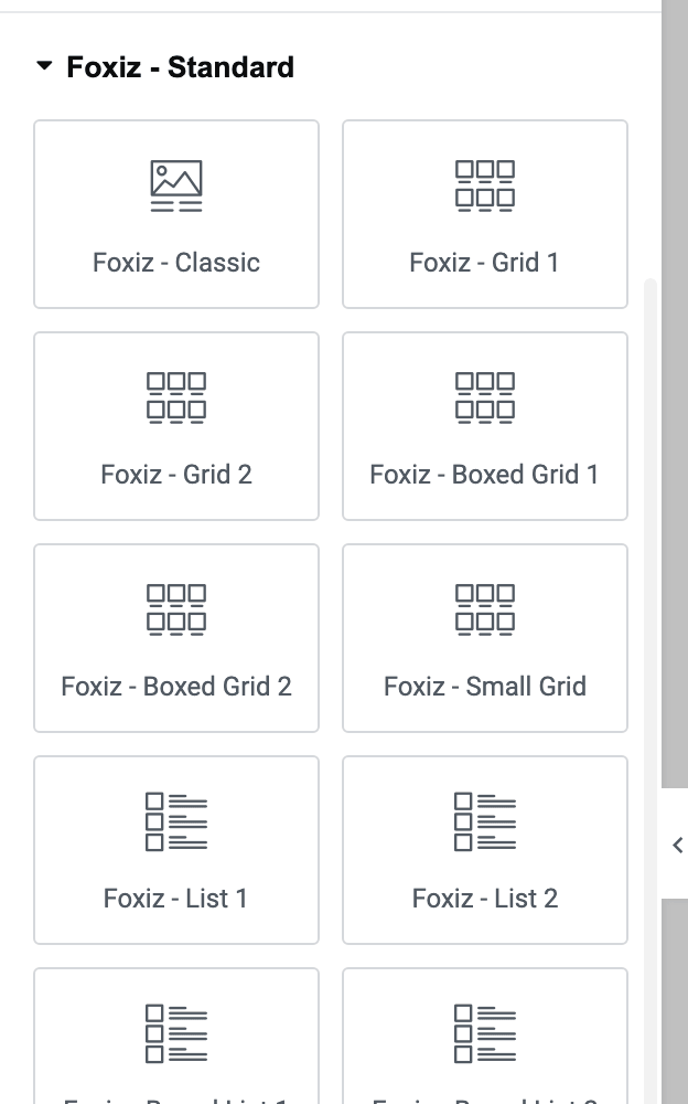 The Foxiz - Standard category expanded in the Elementor widget panel