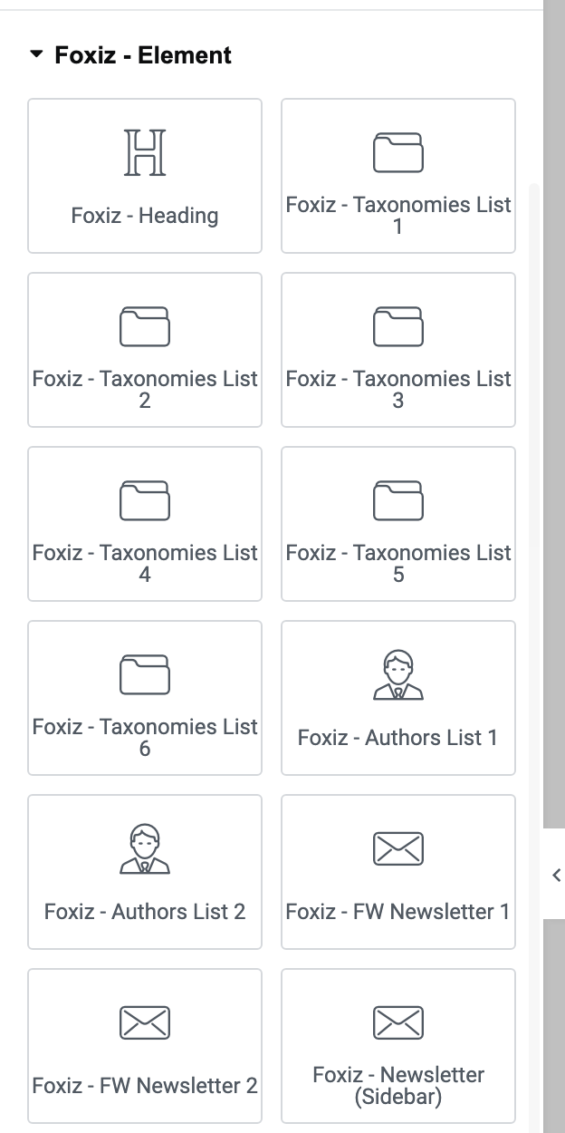 The Foxiz - Element category open in the Elementor panel, its blocks in two columns