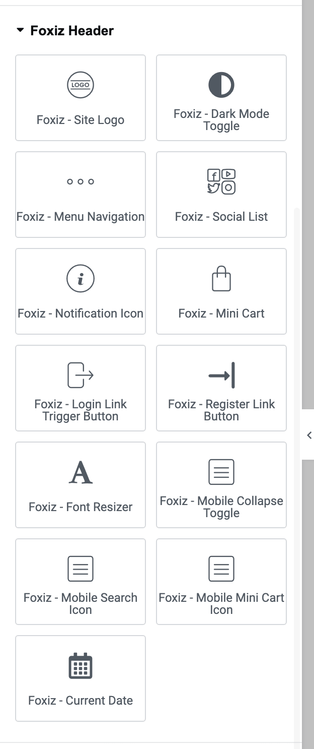 The Foxiz Header category open in the Elementor widget panel, showing its thirteen blocks