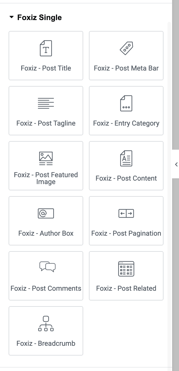 The Foxiz Single category open in the Elementor panel, with its blocks for a single post template