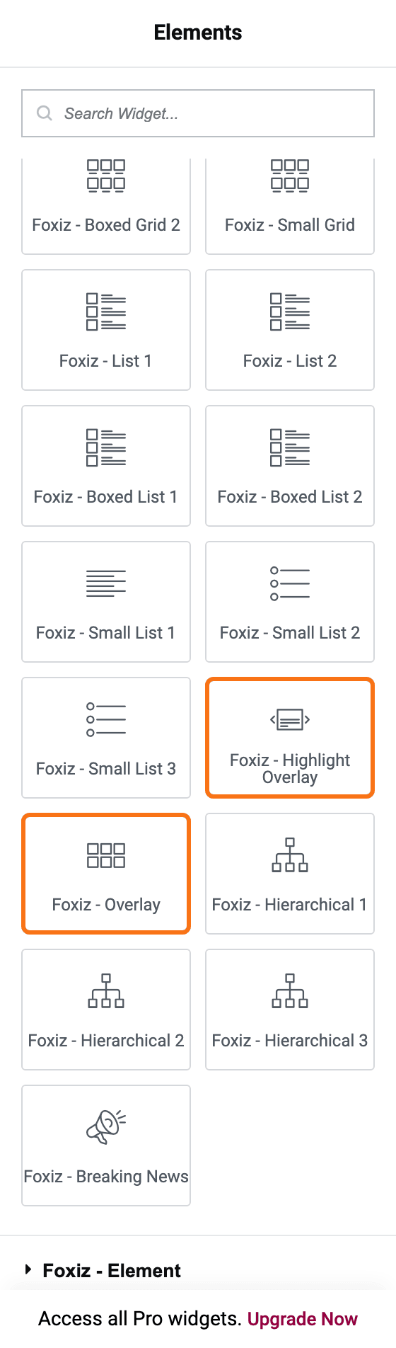 The Elementor widget panel scrolled down the open Foxiz - Standard group, the Foxiz - Element heading below it, with Foxiz - Highlight Overlay and Foxiz - Overlay outlined in orange.