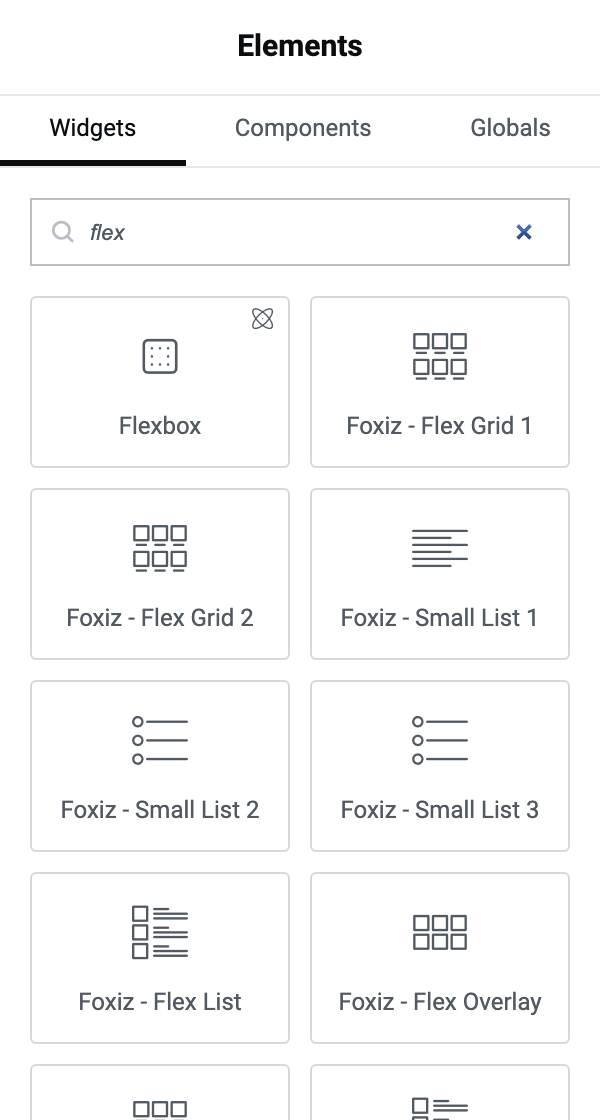 The Elementor Elements panel with "flex" typed into the search box, returning Flexbox and the Foxiz flex blocks