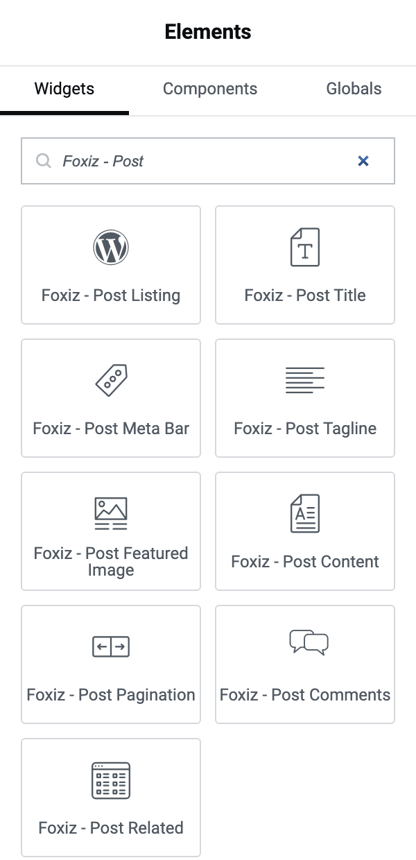 The Elementor widget panel searched for Foxiz - Post, which finds eight of the eleven single blocks
