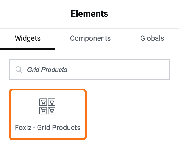 The Elementor Elements panel with Grid Products typed into the search box, and Foxiz - Grid Products in the results, outlined in orange