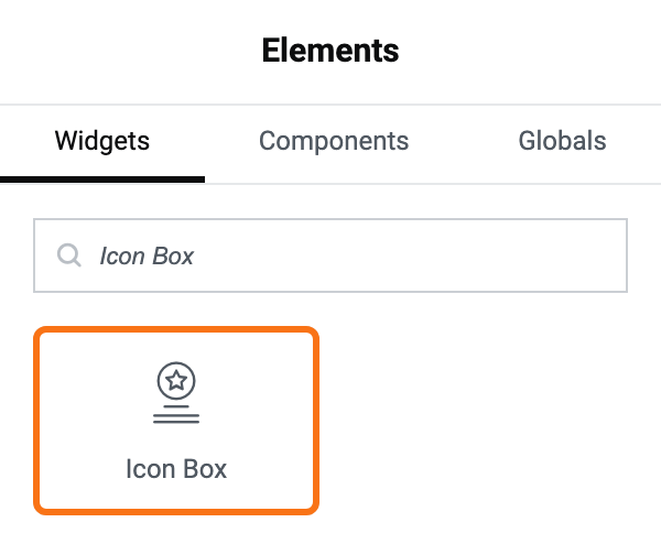 The Elementor Elements panel with "Icon Box" typed into the search box, returning the single Icon Box widget