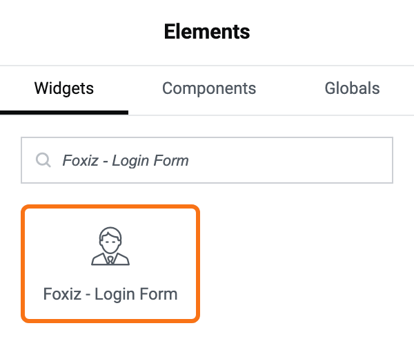 The Elementor Elements panel with "Foxiz - Login Form" typed into the search box, returning the single matching widget, outlined in orange