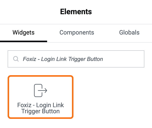 The Elementor Elements panel with "Foxiz - Login Link Trigger Button" typed into the search box, returning the single matching widget, outlined in orange