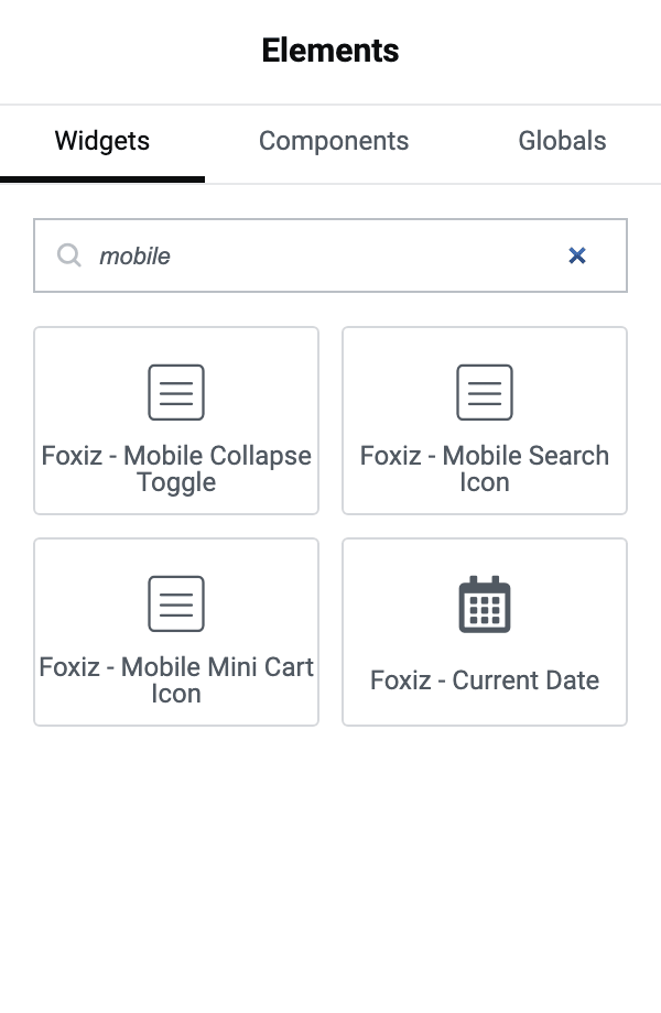 The Elementor widget panel searched for mobile, which finds the three mobile-only Foxiz blocks