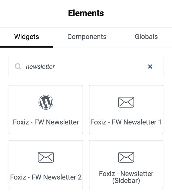 Searching newsletter in the Elementor widget panel returns four results: the Foxiz - FW Newsletter WordPress widget, Foxiz - FW Newsletter 1, Foxiz - FW Newsletter 2 and Foxiz - Newsletter (Sidebar)