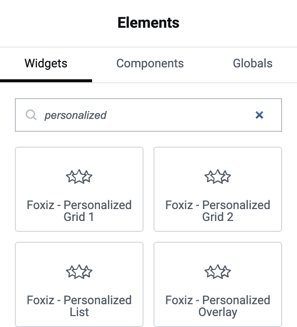 The Elementor Elements panel with personalized typed in the search box, returning Foxiz - Personalized Grid 1, Personalized Grid 2, Personalized List and Personalized Overlay