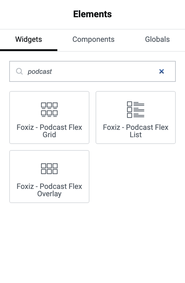 Searching podcast in the Elementor widget panel returns the three podcast blocks