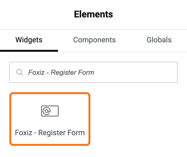 The Elementor Elements panel with "Foxiz - Register Form" typed into the search box, returning the single matching widget, outlined in orange