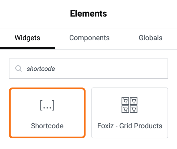 The Elementor Elements panel with shortcode typed into the search box: Elementor's own Shortcode widget, outlined in orange, and Foxiz - Grid Products