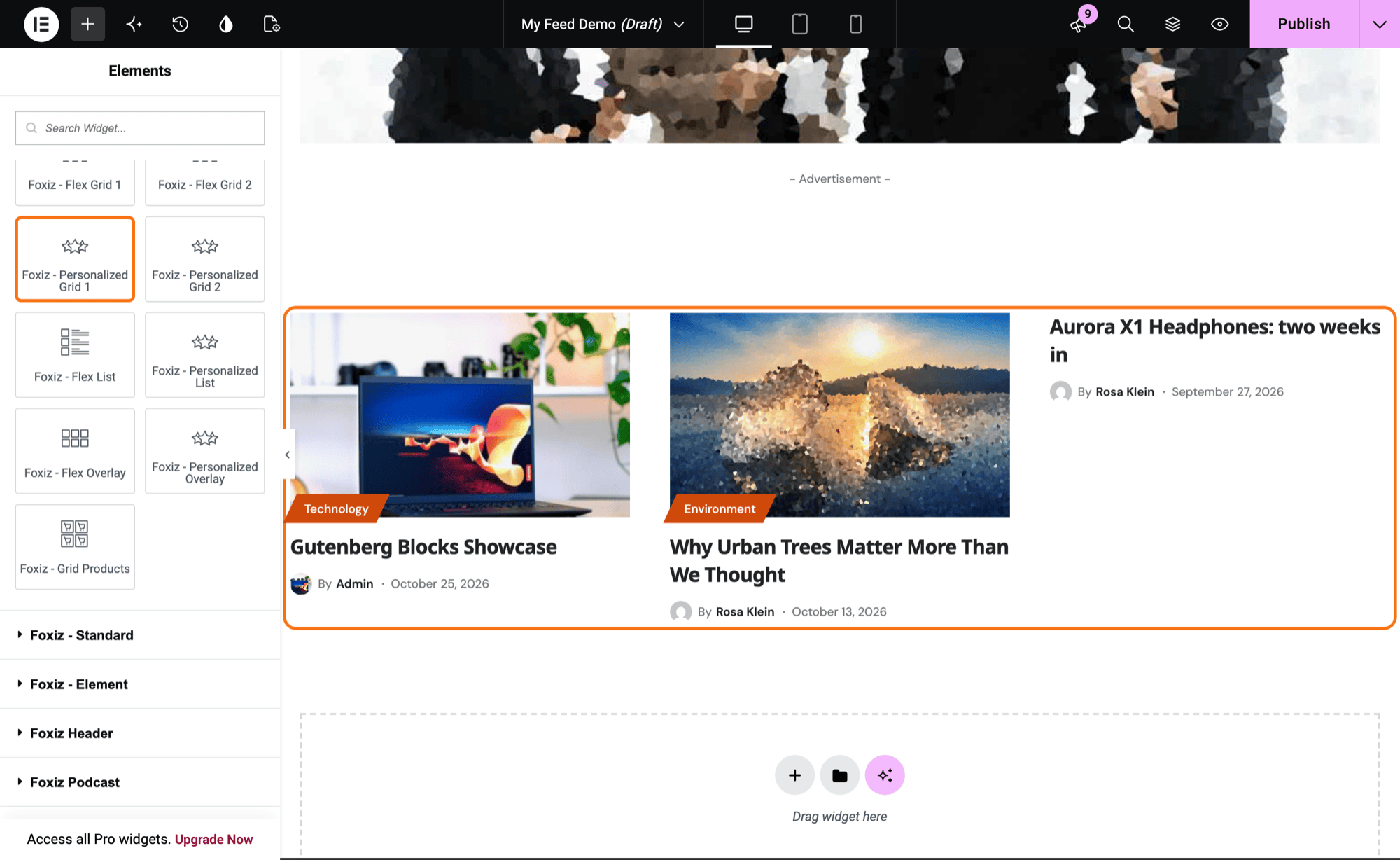 The Elementor editor on a page: the widget panel on the left open on the Foxiz - Flex group with Foxiz - Personalized Grid 1 in view, and on the canvas the same block dropped into a container, its posts showing; the block is outlined in orange in both places.