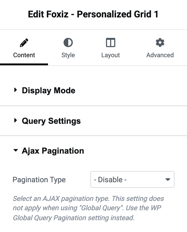 The Ajax Pagination section of the Foxiz - Personalized Grid 1 panel, with Pagination Type set to - Disable -