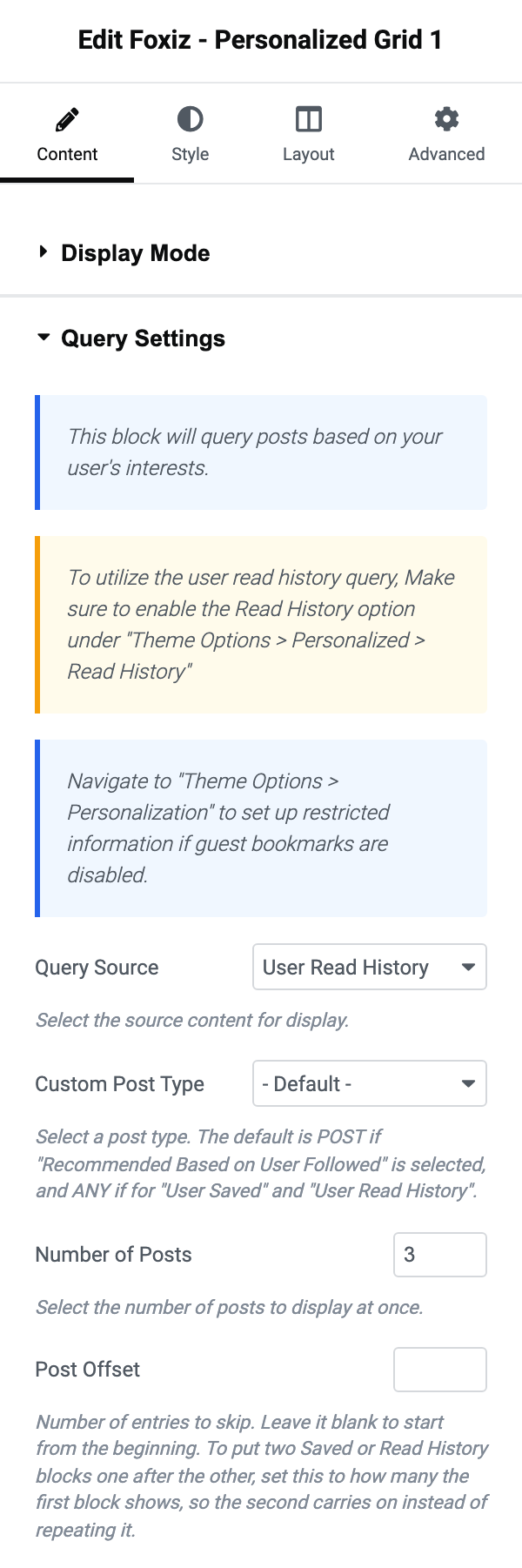 The Query Settings section of the Foxiz - Personalized Grid 1 panel with Query Source set to User Read History and the Post Offset field below it