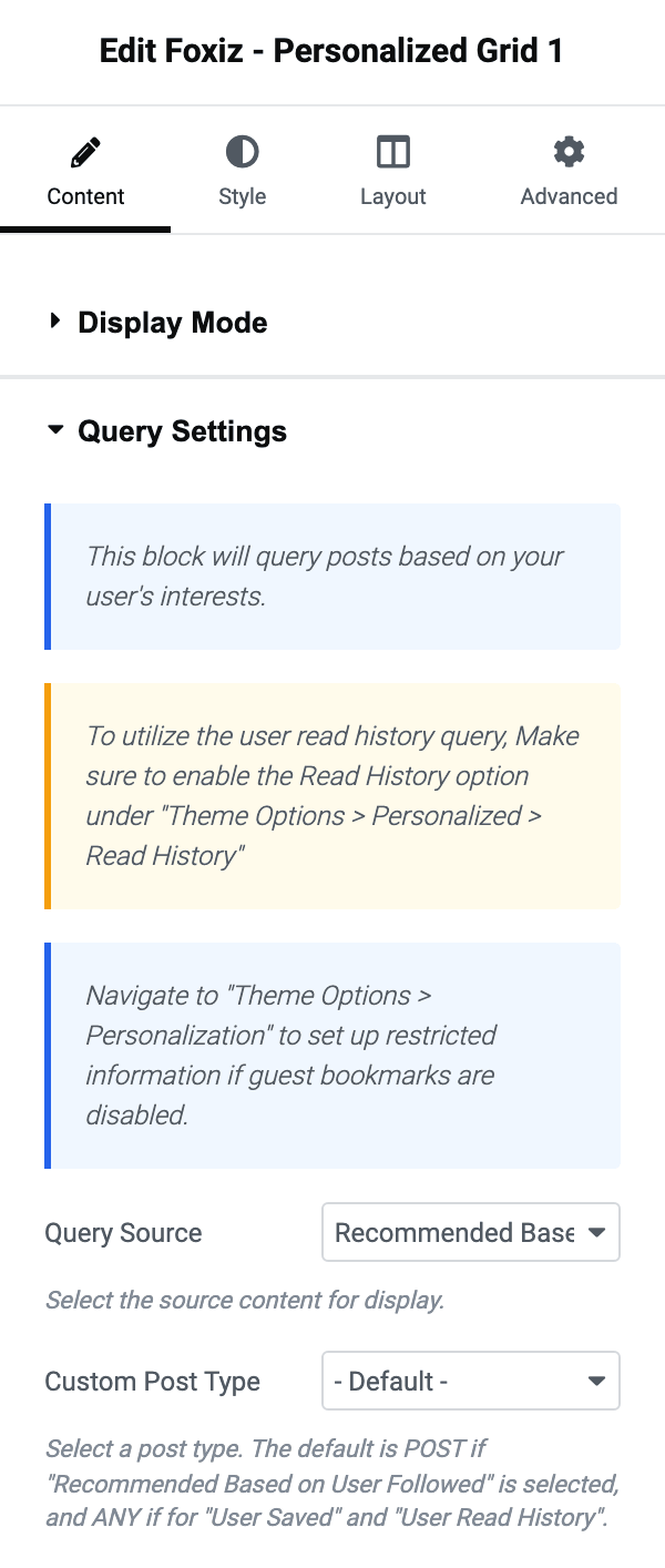 The Query Settings section of the Foxiz - Personalized Grid 1 panel, with its three notices above the Query Source and Custom Post Type selects