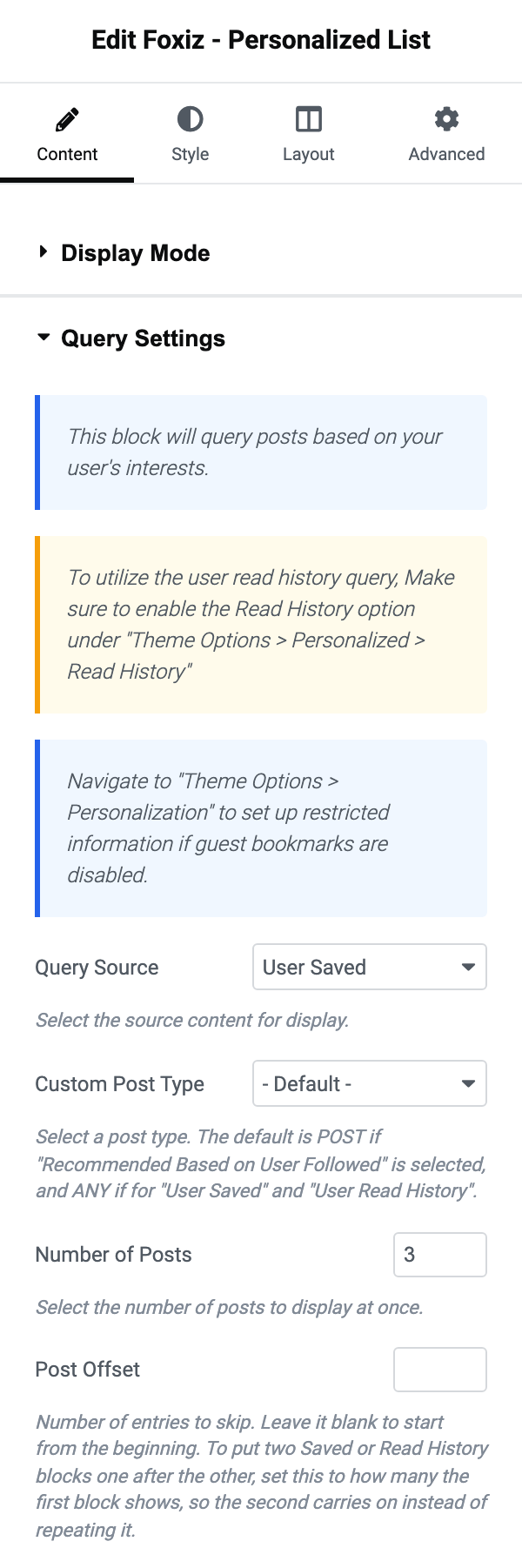 The Query Settings section of a Personalized block in Elementor with Query Source set to User Saved and the Post Offset field showing below it