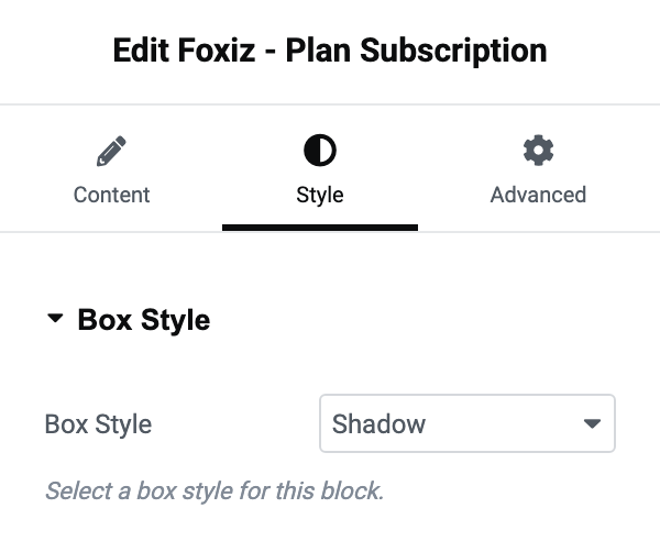 The Style tab of Foxiz - Plan Subscription with its Box Style section open and Box Style on Shadow